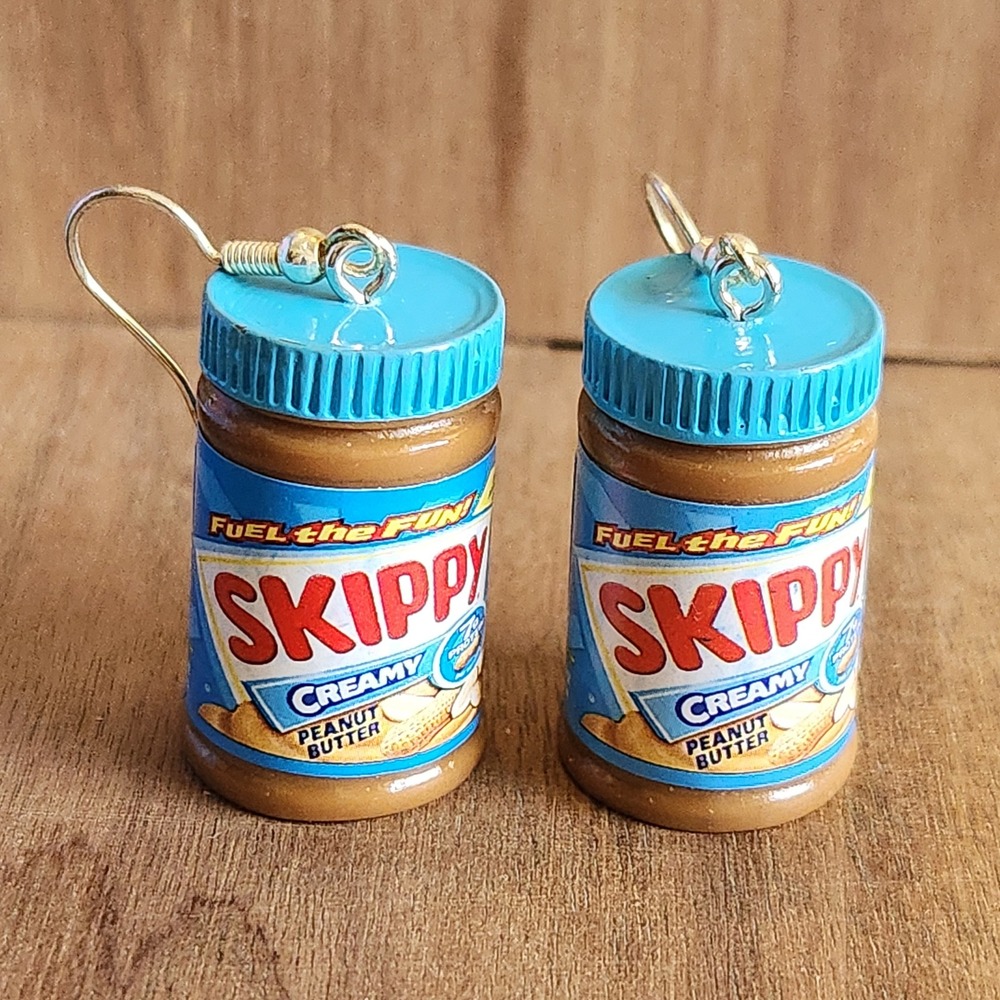 Skippy Creamy Peanut Butter Jar Miniature Dangle Earrings Blue Brown Foodie
